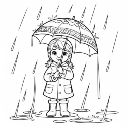 Fille avec pluie et parapluie à colorier