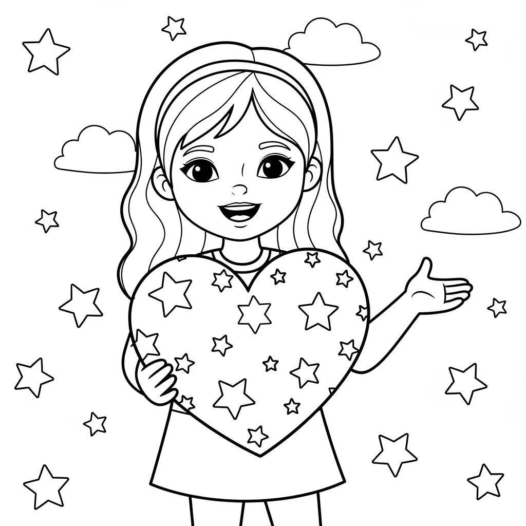 Garota com Coração e Estrelas para Colorir