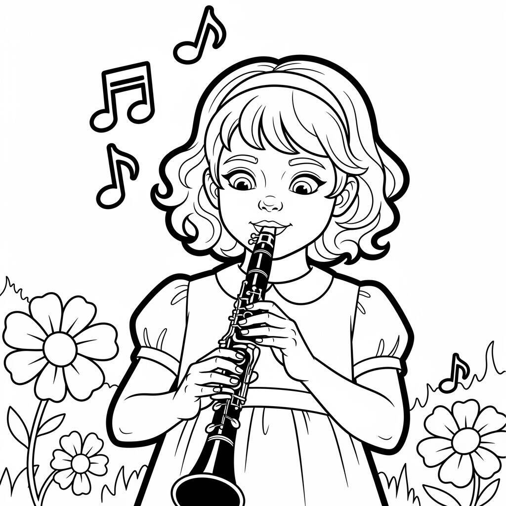 Garota com Instrumento Musical para Colorir