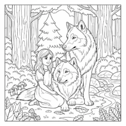 Coloriage Fille avec un loup dans la forêt
