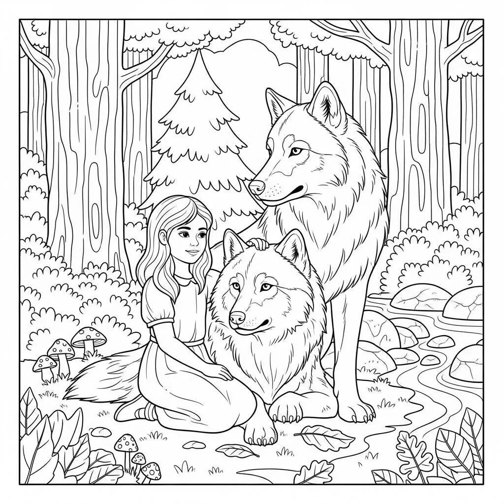 Garota-com-Lobo-na-Floresta-para-Colorir Coloriage Fille avec un loup dans la forêt