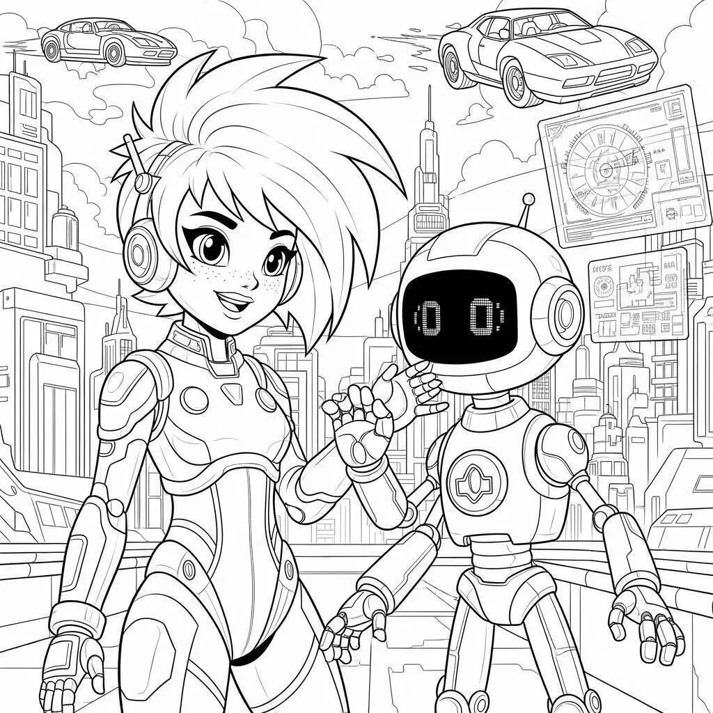 Garota de Futuro com Robô para Colorir