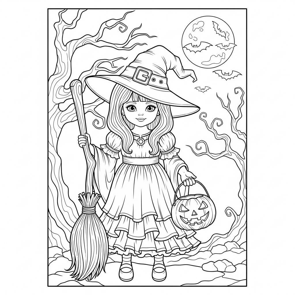 Garota de Halloween com Fantasia para Colorir
