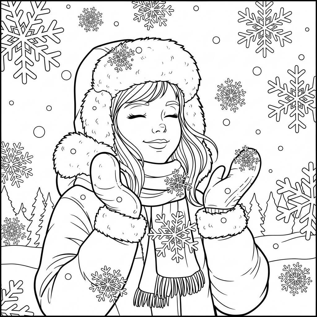 Garota de Inverno com Neve para Colorir