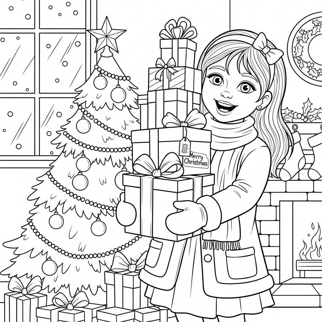 Garota de Natal com Presentes para Colorir