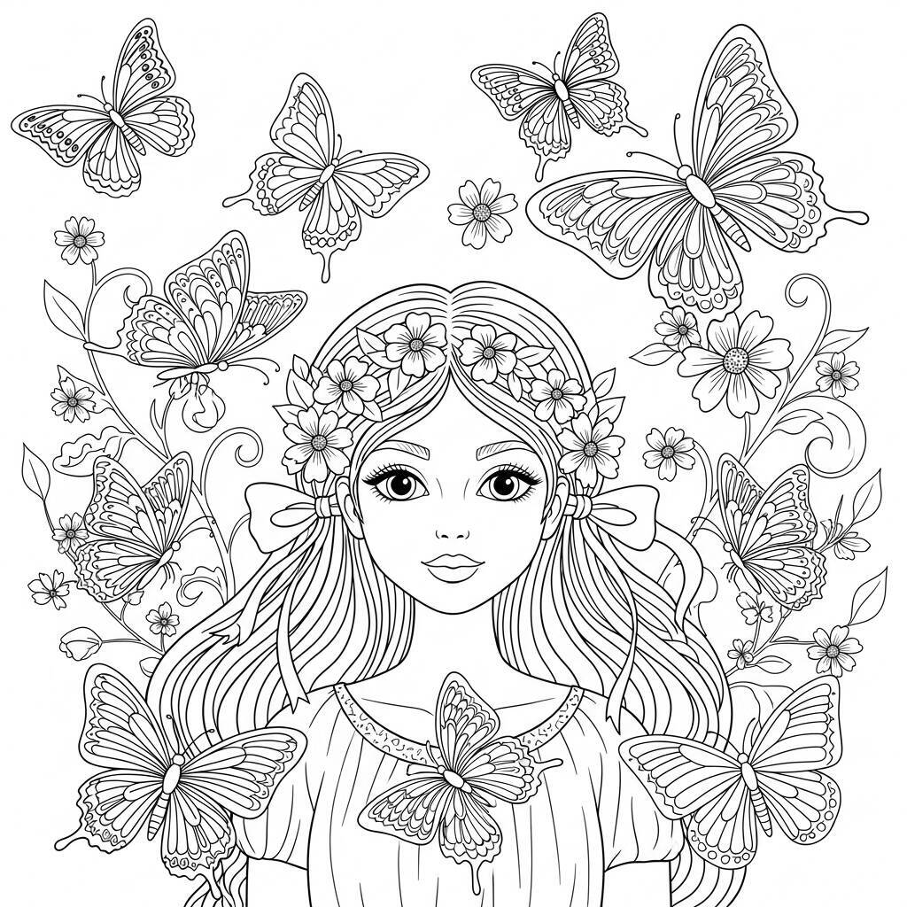 Garota de Primavera com Borboletas para Colorir
