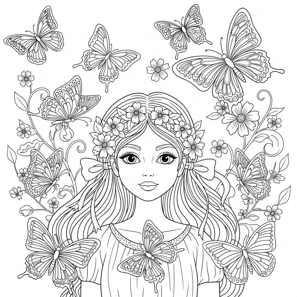 Garota de Primavera com Borboletas para Colorir