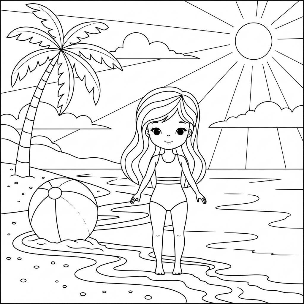 Garota de Verão na Praia para Colorir
