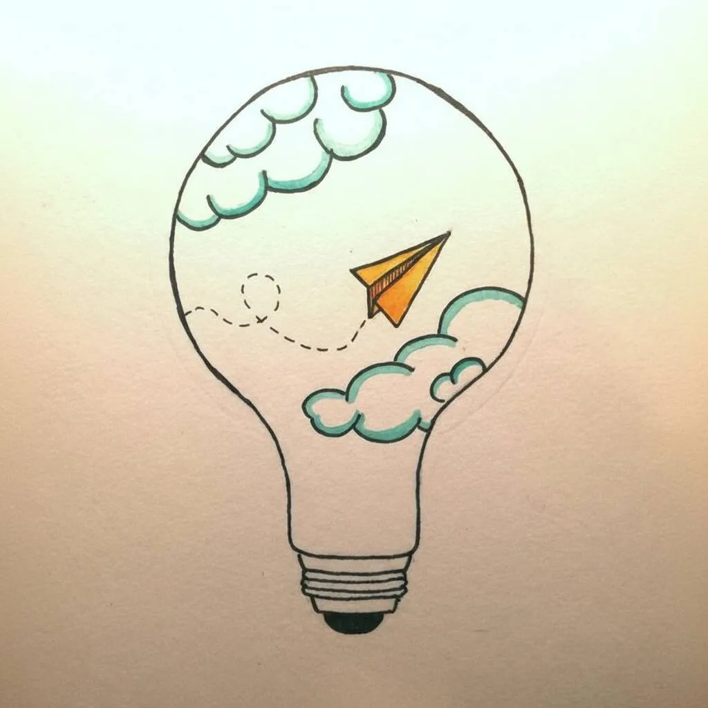 Ilustração de uma lâmpada com um avião de papel e nuvens