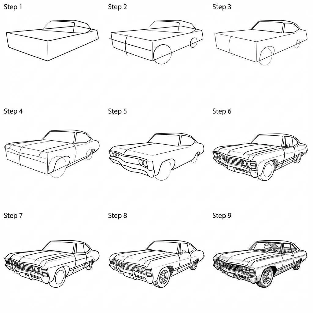 Ilustração passo a passo de como desenhar um carro