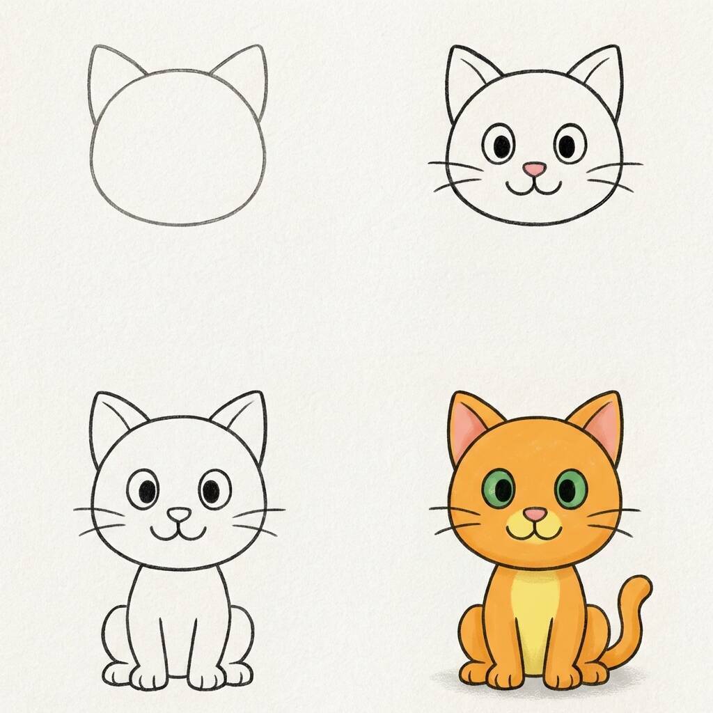 Ilustração passo a passo de como desenhar um gato