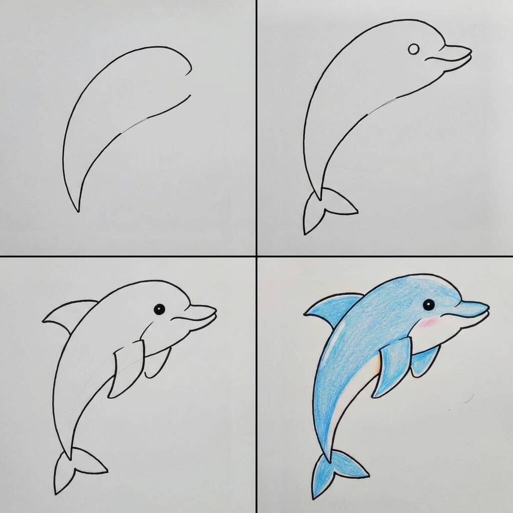 Ilustração passo a passo de como desenhar um golfinho