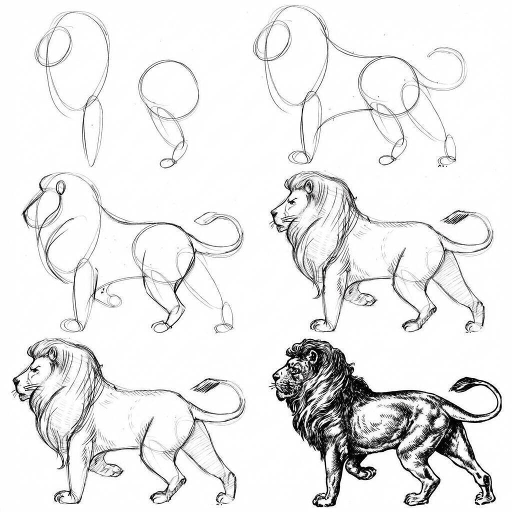 Ilustração passo a passo de como desenhar um leão