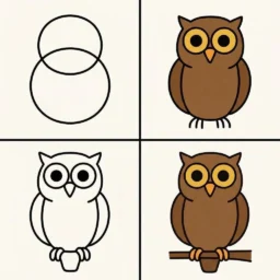 Ilustração passo a passo de como desenhar uma coruja