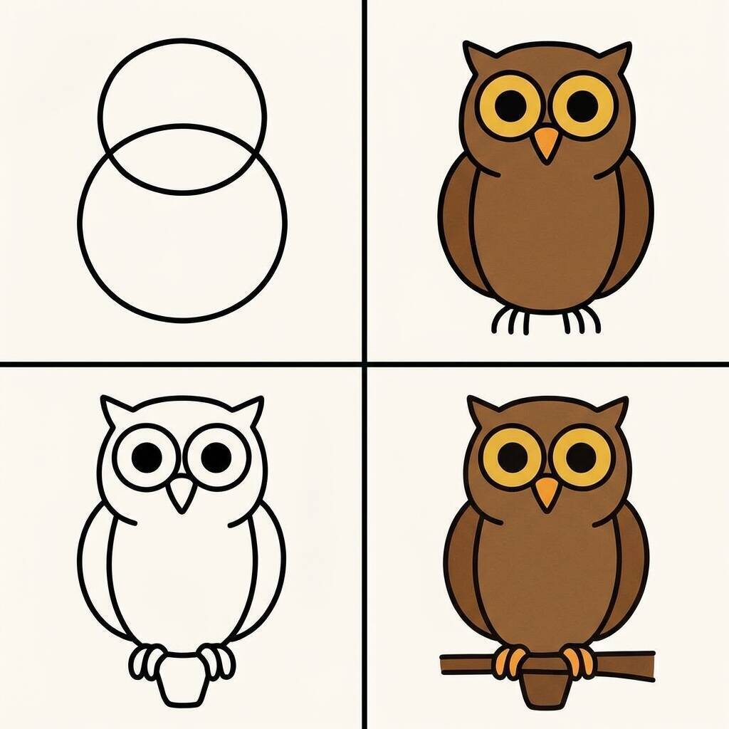 Ilustração passo a passo de como desenhar uma coruja