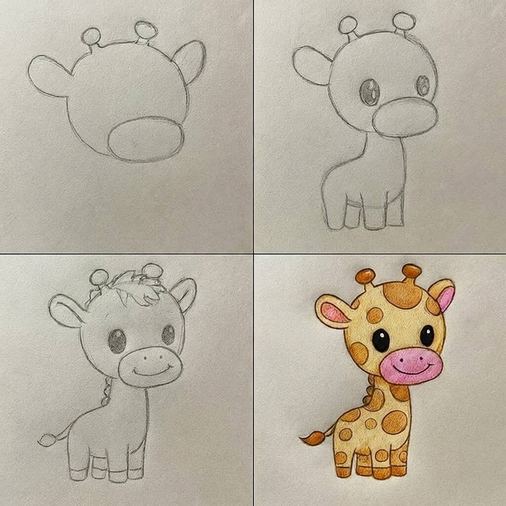 Ilustração passo a passo de como desenhar uma girafa