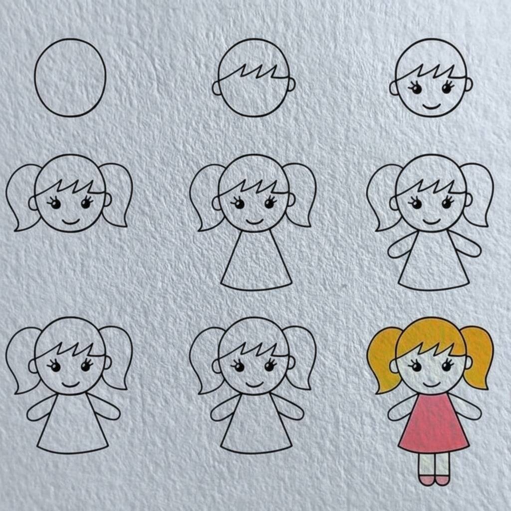 Ilustração passo a passo de como desenhar uma menina
