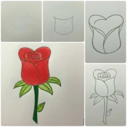 Imagem de um guia passo a passo sobre como desenhar uma rosa