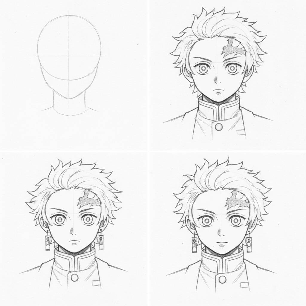 Imagem de um personagem de anime em etapas de desenho para colorir