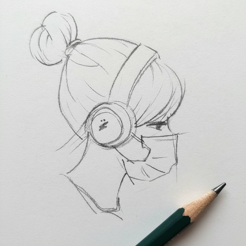 Menina com fone de ouvido e máscara pronta para colorir