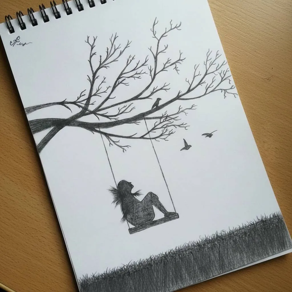 Menina sentada em uma rede sob uma árvore com pássaros ao redor