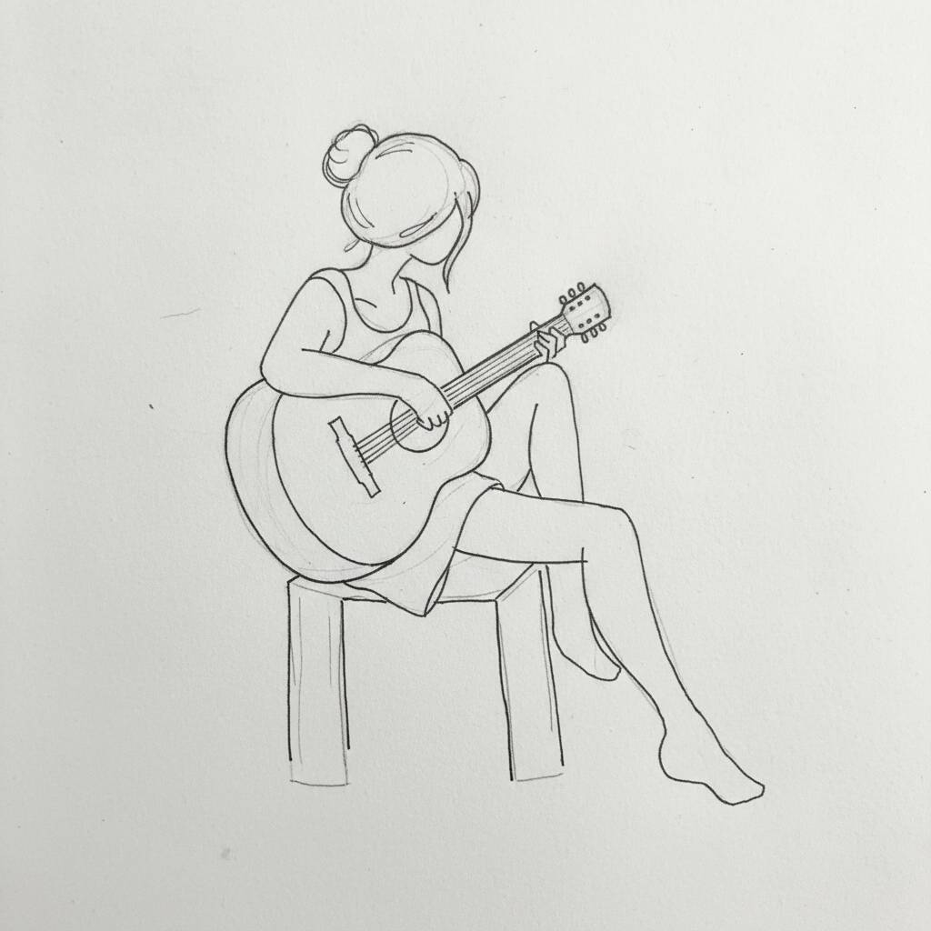 Menina tocando violão sentada em uma cadeira