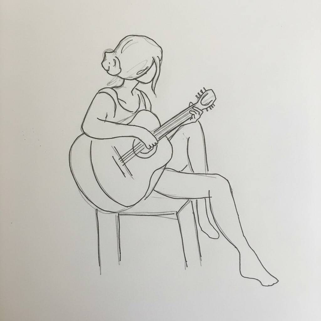 Mulher sentada tocando violão em uma cadeira