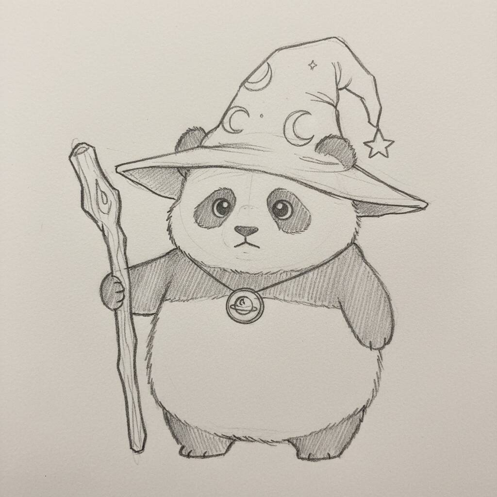 Panda Mágico com Chapéu de Feiticeiro segurando uma varinha