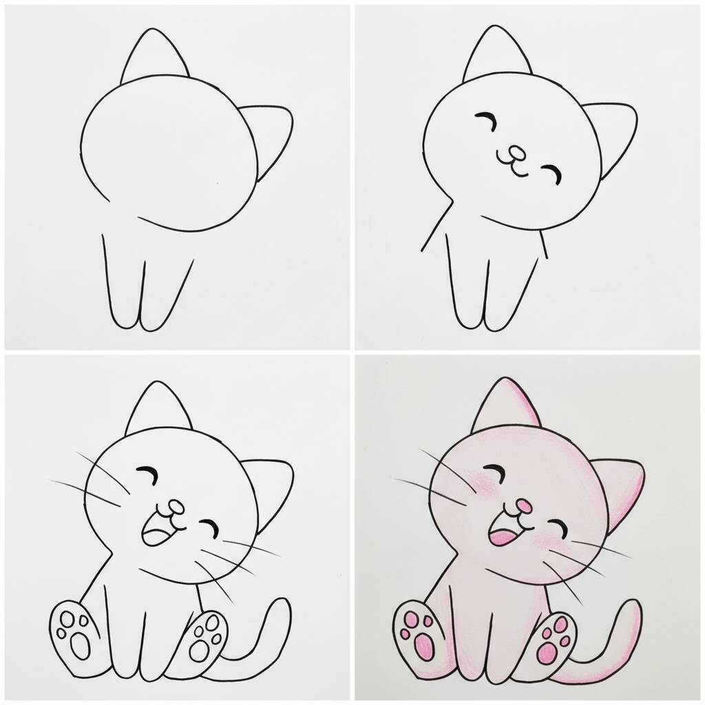 Passo a passo para desenhar um gato em uma página de colorir