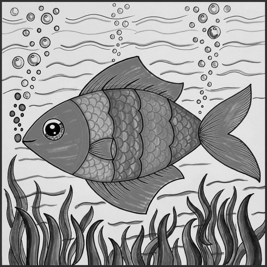 Peixe colorido nadando entre bolhas e algas