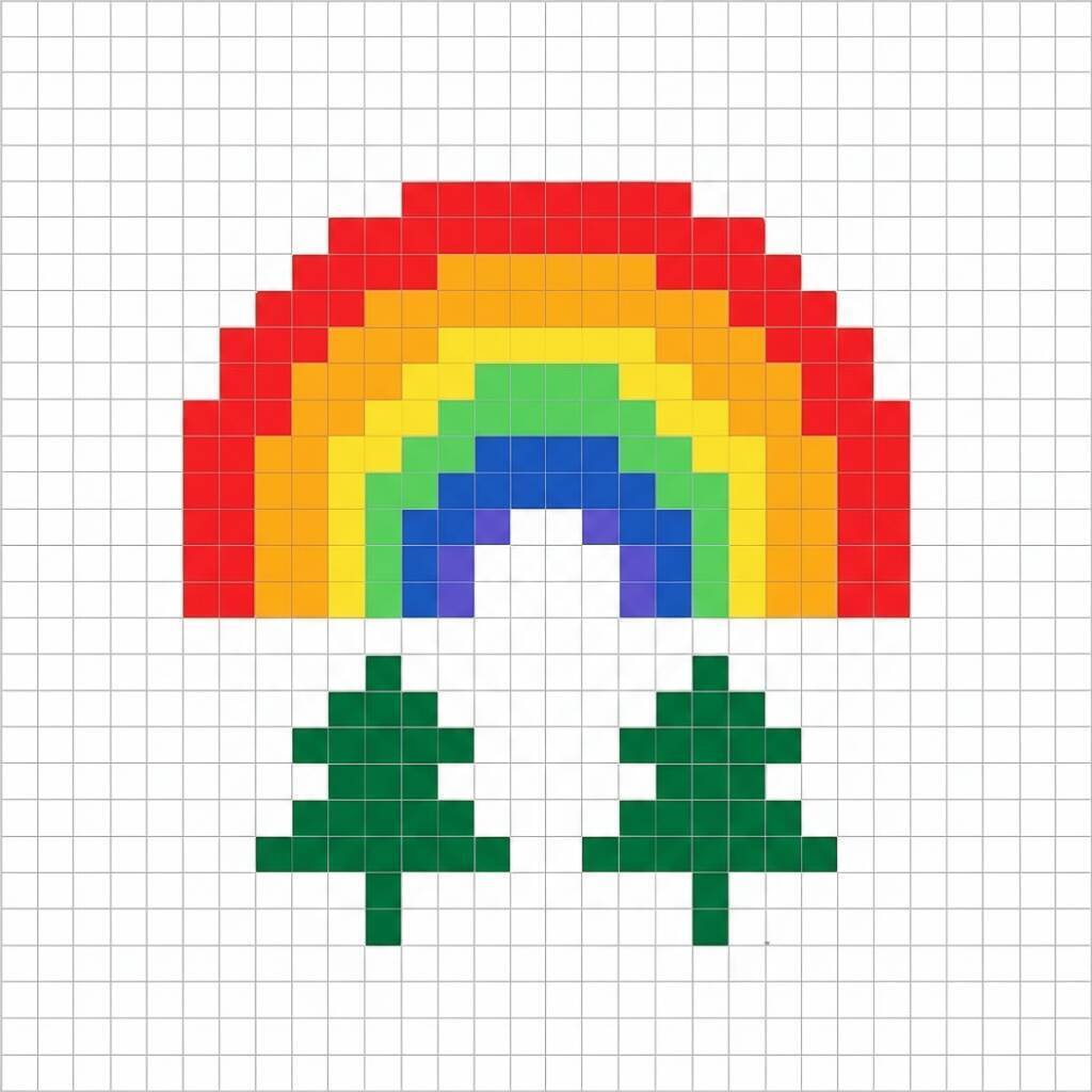 Pixel Art Fácil com desenho de Arco-Íris e Árvores para colorir