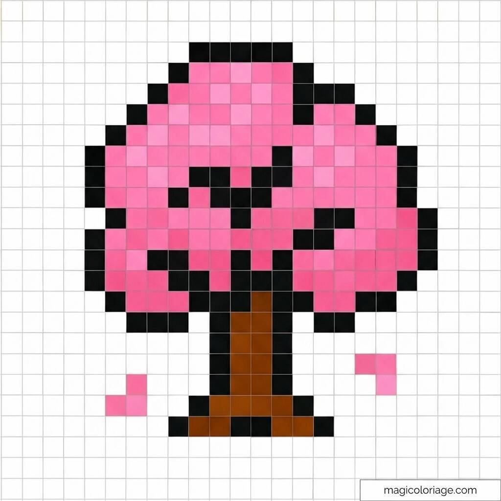 Pixel Art Fácil com desenho de Árvore Rosa para colorir