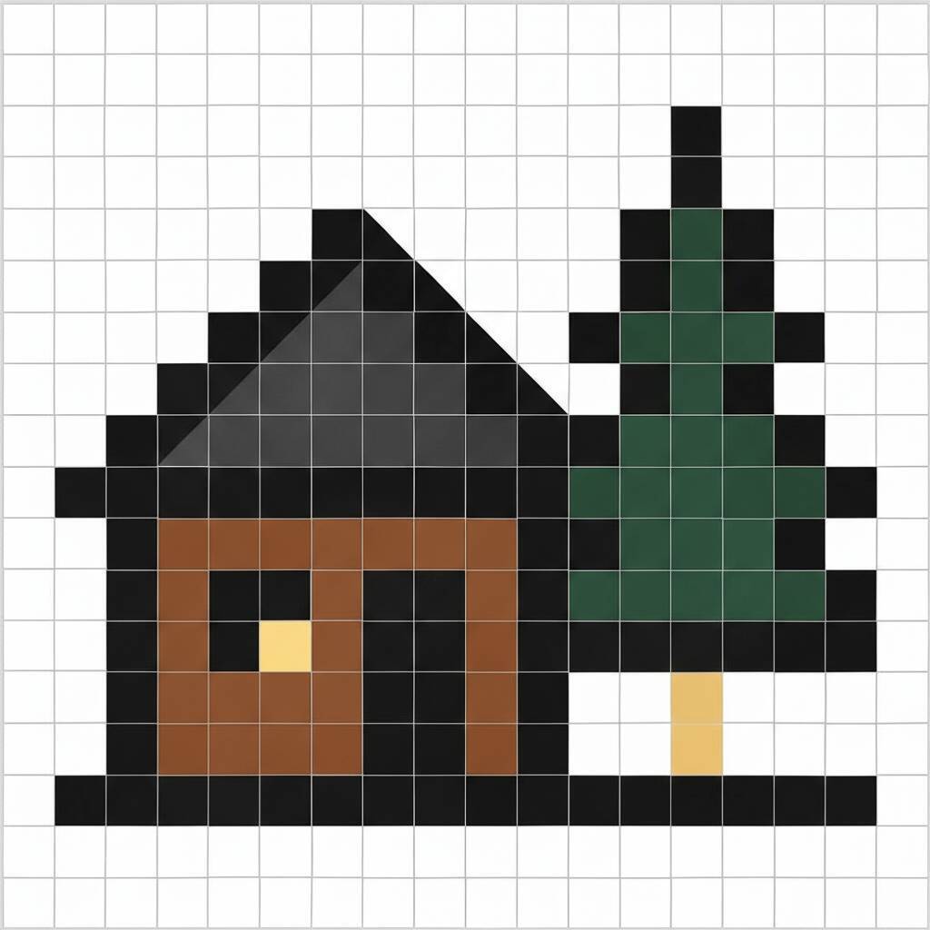 Pixel Art Fácil com desenho de Casa e Árvore para colorir