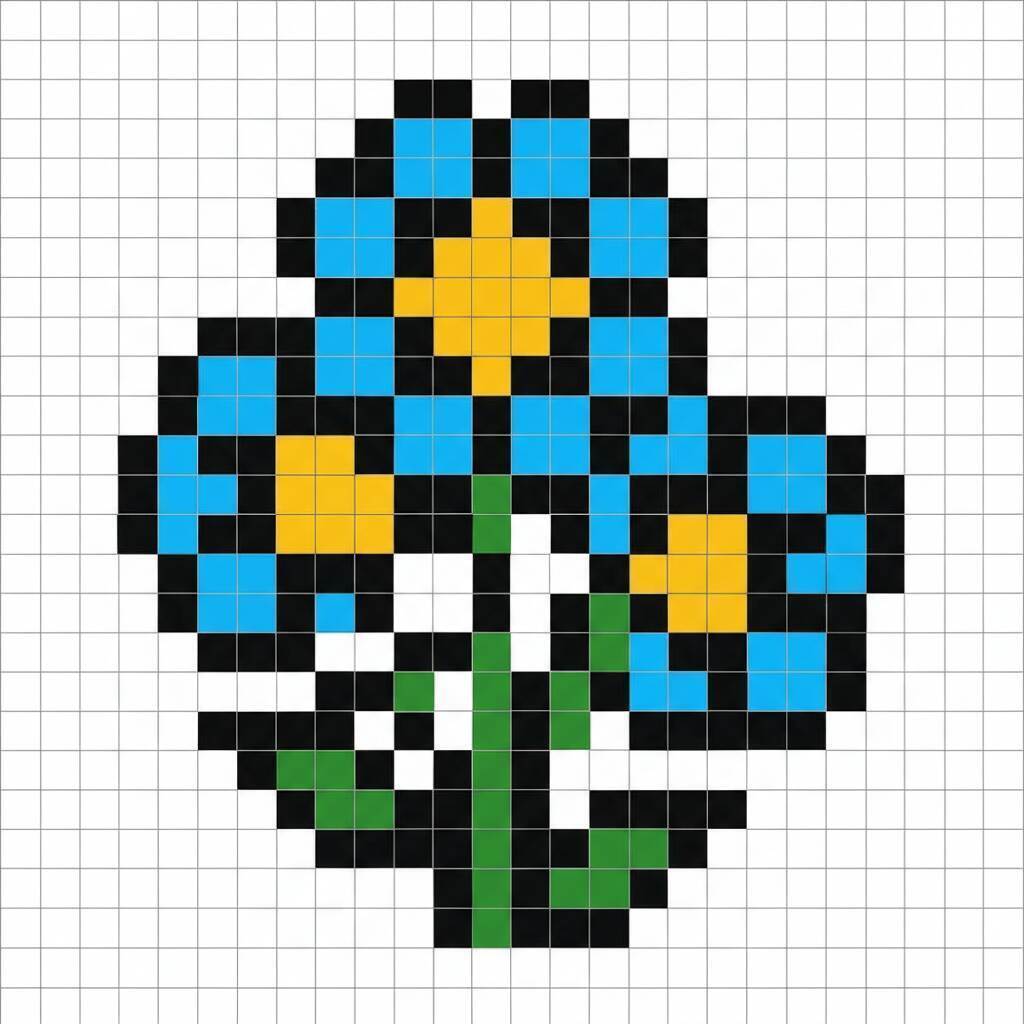 Pixel Art Fácil com desenho de Flor Azul para colorir