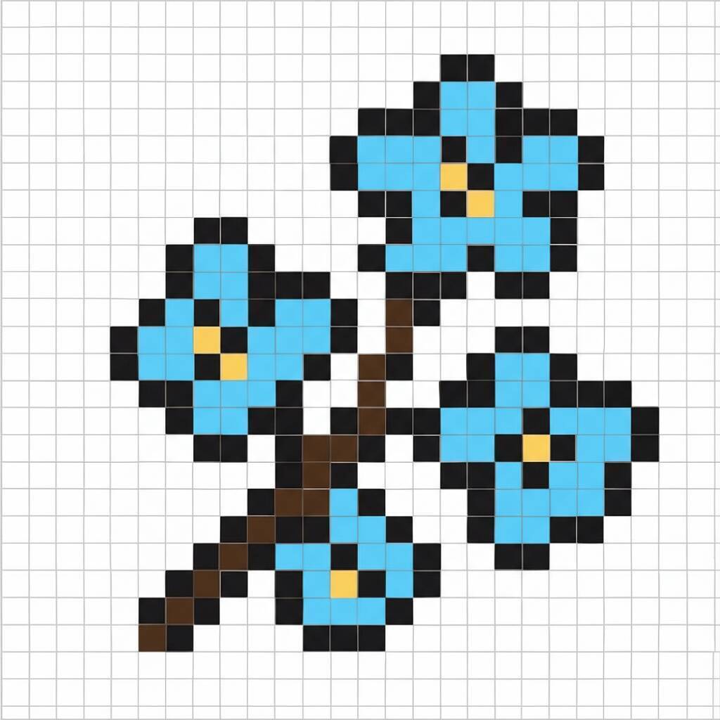 Pixel Art Fácil com desenho de Flores Azuis para colorir
