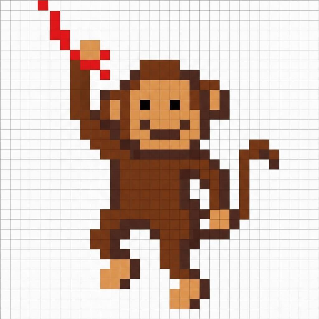 Pixel Art Fácil com desenho de Macaco para colorir