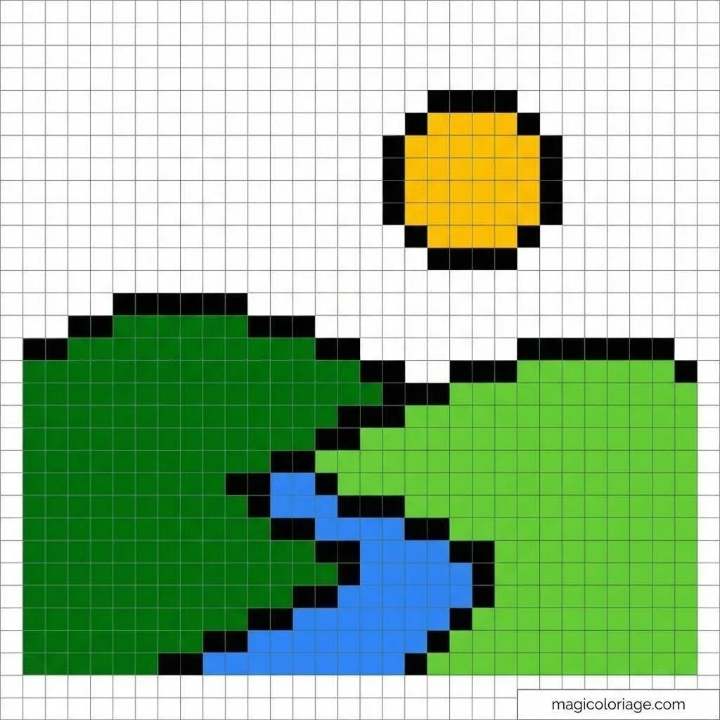 Pixel Art Fácil com desenho de Paisagem com Sol e Rio para colorir