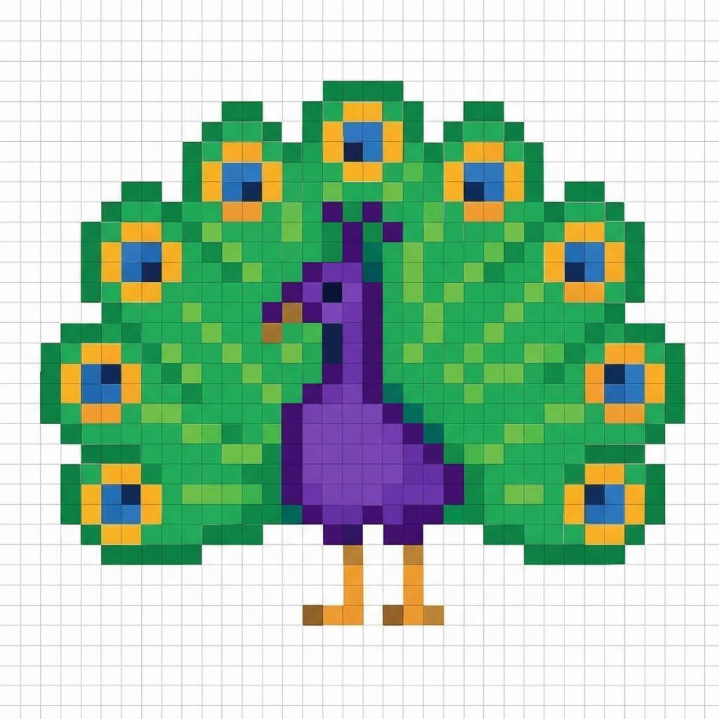 Pixel Art Fácil com desenho de Pavão para colorir