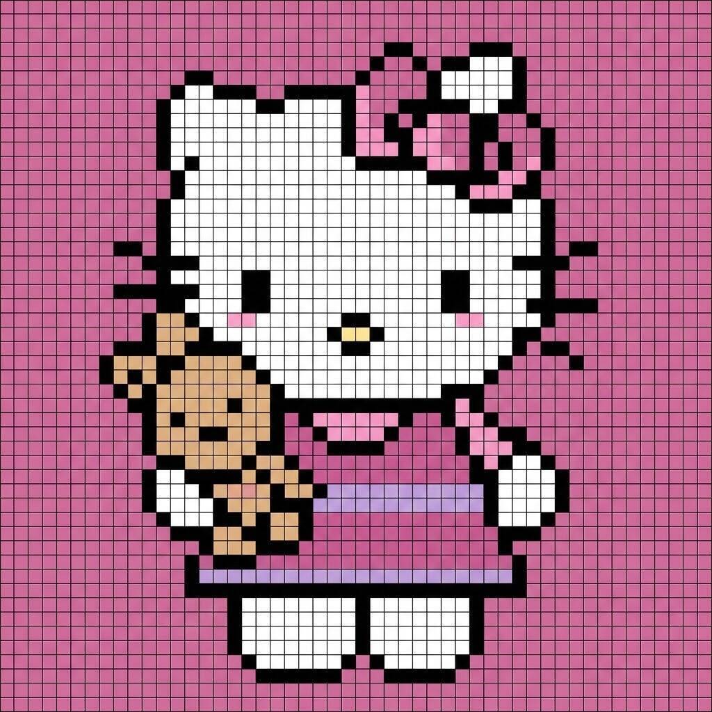 Pixel Art da Hello Kitty com desenho com ursinho