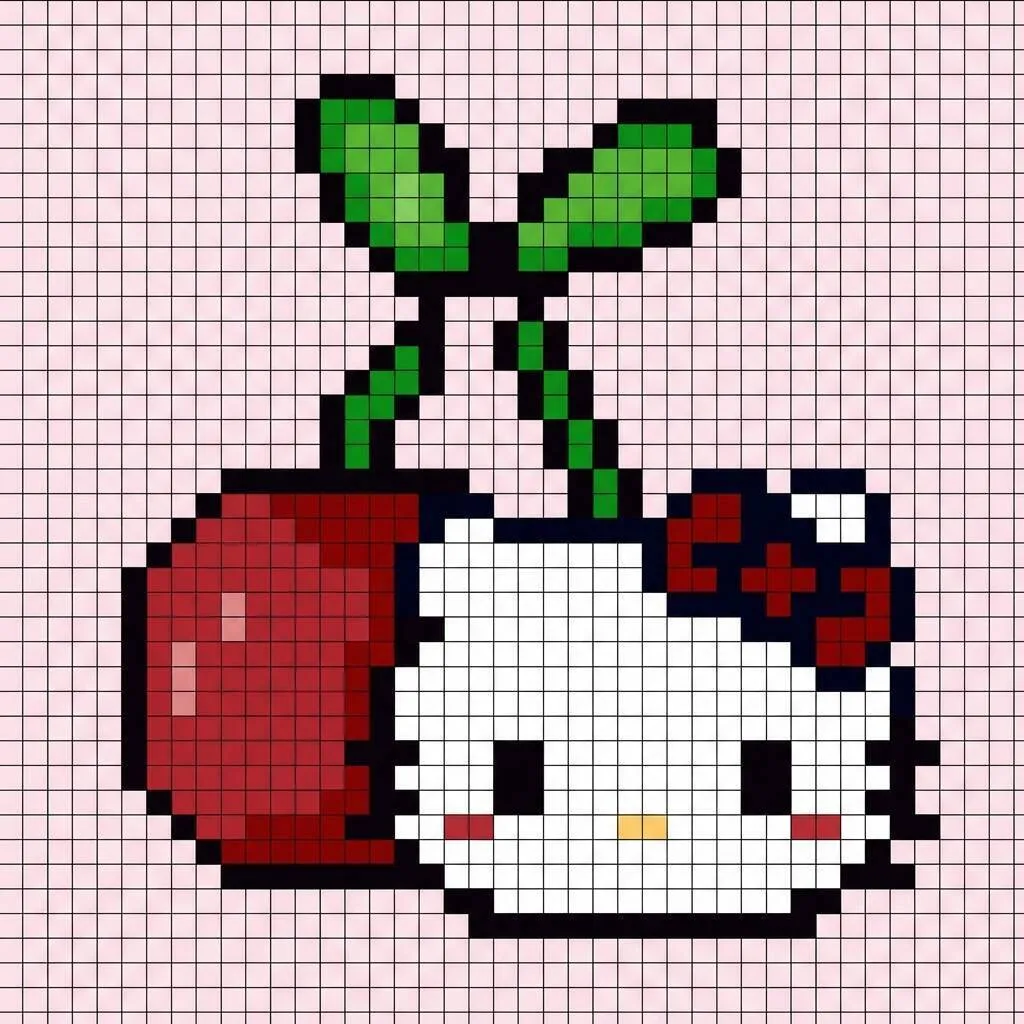 Pixel Art da Hello Kitty com desenho de Cerejas