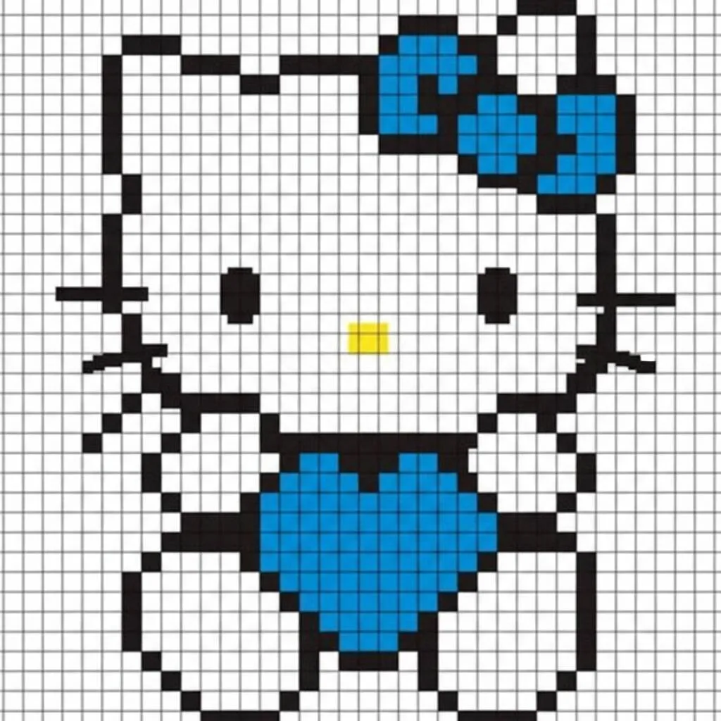 Pixel Art da Hello Kitty com desenho de coração azul