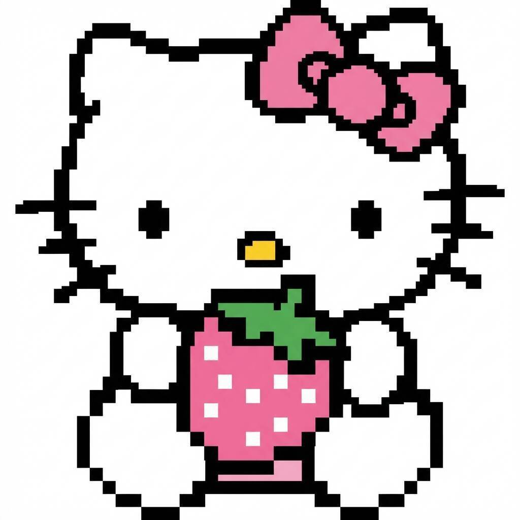 Pixel Art de Hello Kitty com desenho de Morango