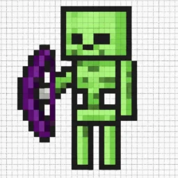 Pixel Art de Minecraft com desenho de personagem segurando escudo