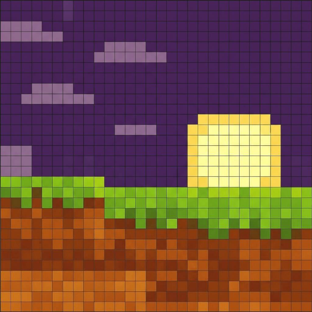 Pixel Art de Minecraft com desenho de pôr do sol