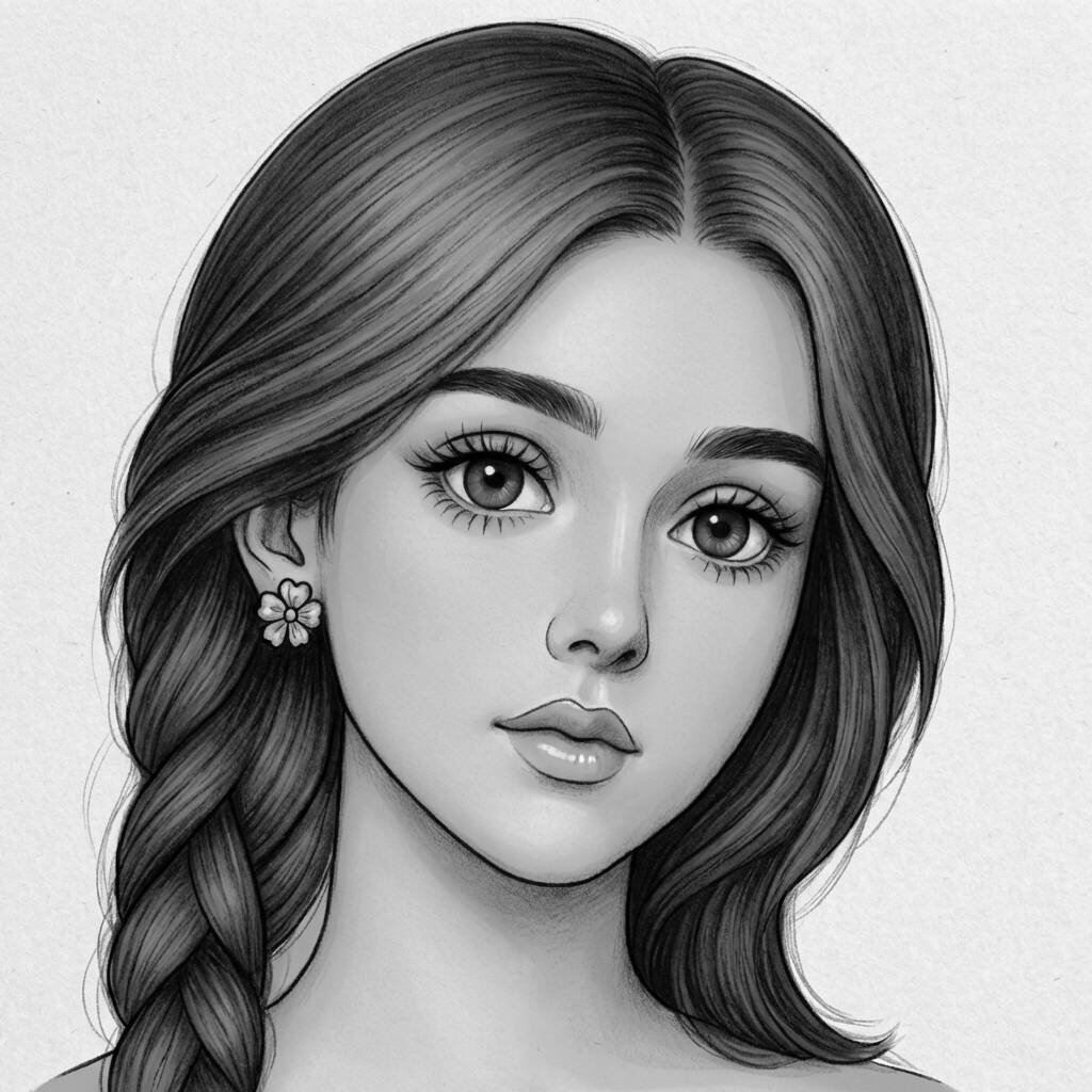 Retrato de uma jovem mulher com cabelo trançado e um brinco de flor