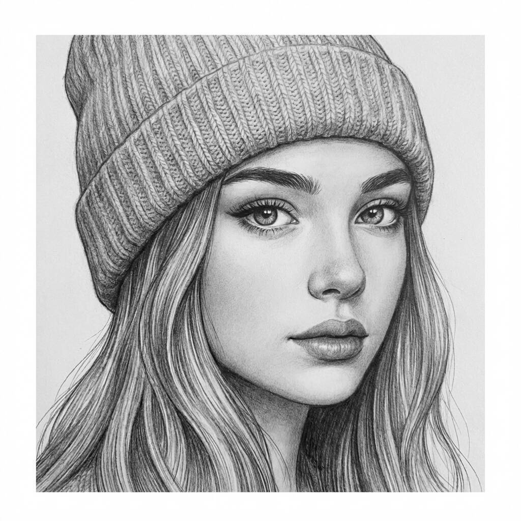 Retrato de uma jovem usando um gorro, ideal para colorir