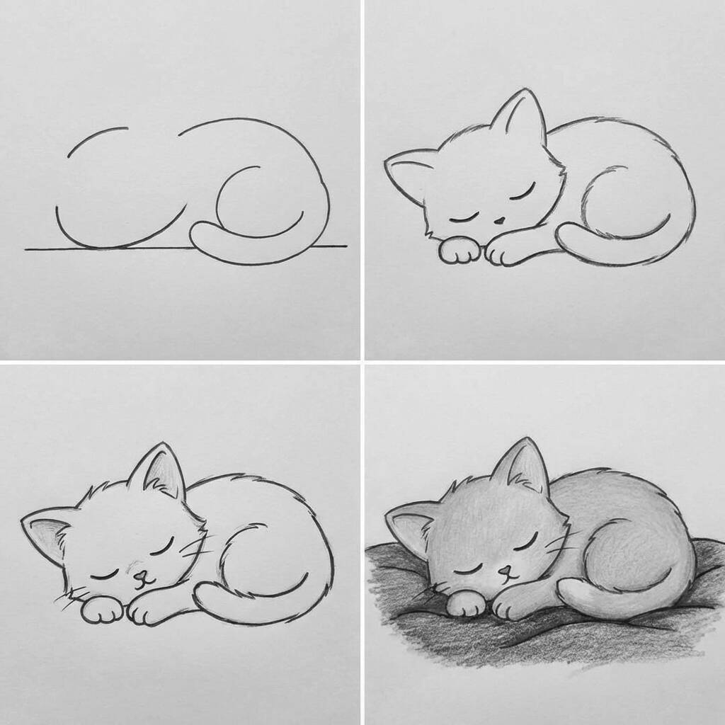 Um gato fofo dormindo em um desenho para colorir